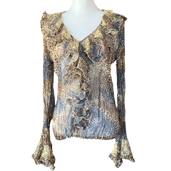 NWT 90s Y2K Vintage MK Solo Animal Print Sheer Ruffle Blouse Lace. Size XL - Picture 2 of 12